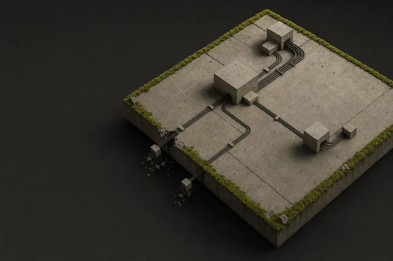 An isolated concrete workspace slab edged in moss, with cable paths cut off at its boundary